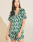 Model wears Inez Washable Silk Printed Short PJ Set in Mosaic Tile Forest Green/Navy.