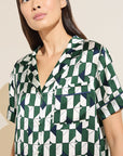 Model wears Inez Washable Silk Printed Short PJ Set in Mosaic Tile Forest Green/Navy.