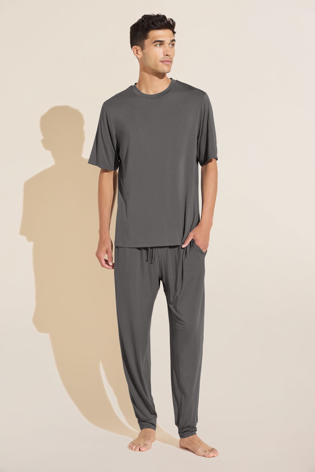 Model wears Henry TENCEL™ Modal Short Sleeve & Pant PJ Set in Storm Gray.