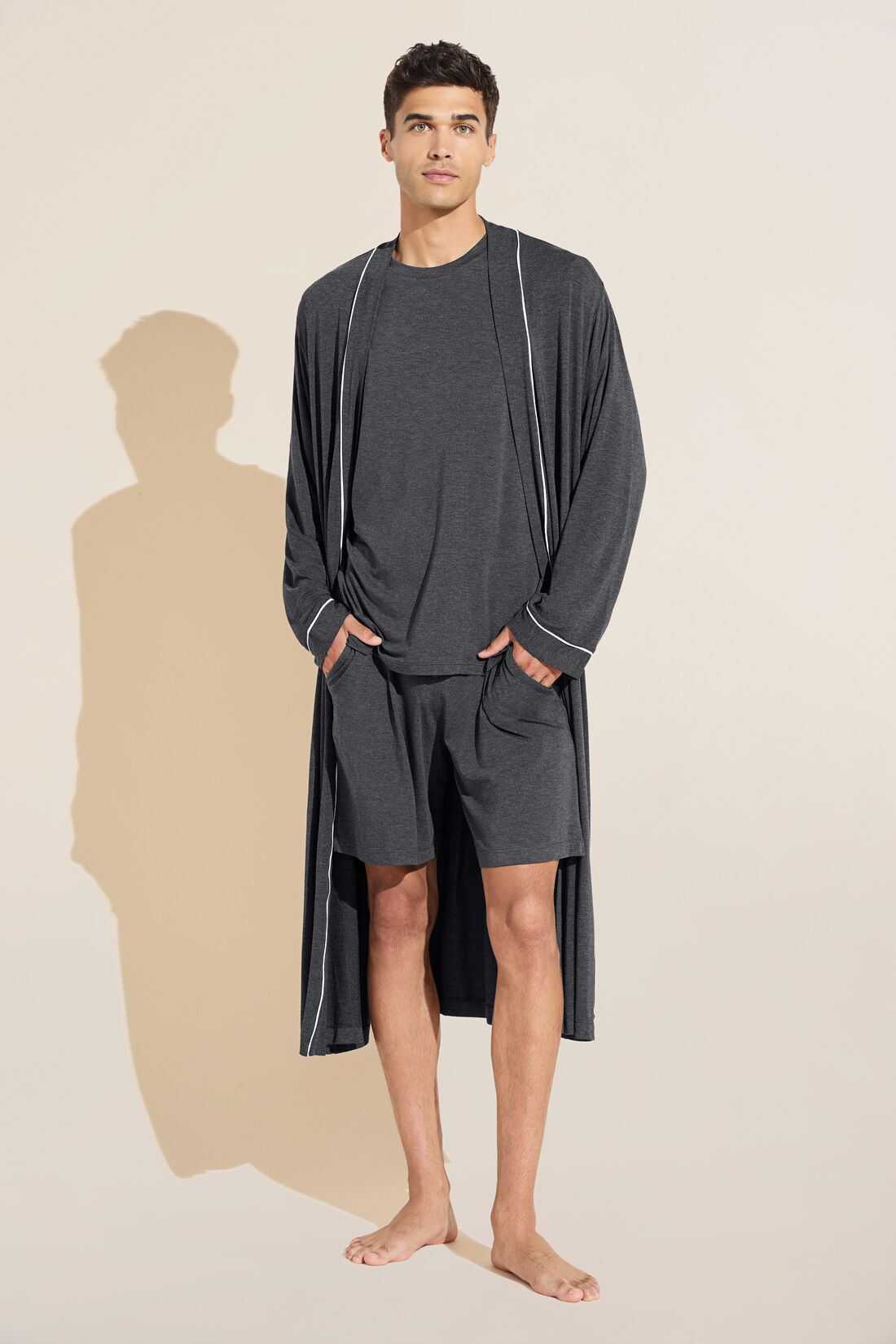 Model wears William TENCEL™ Modal Robe in Charcoal Heather/Ivory.