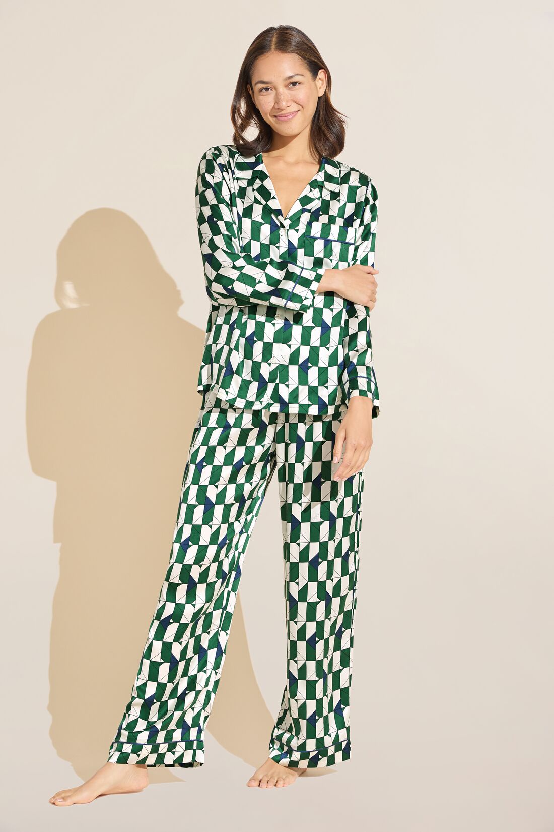 Model wears Inez Washable Silk Printed Long PJ Set in Mosaic Tile Forest Green/Navy. 