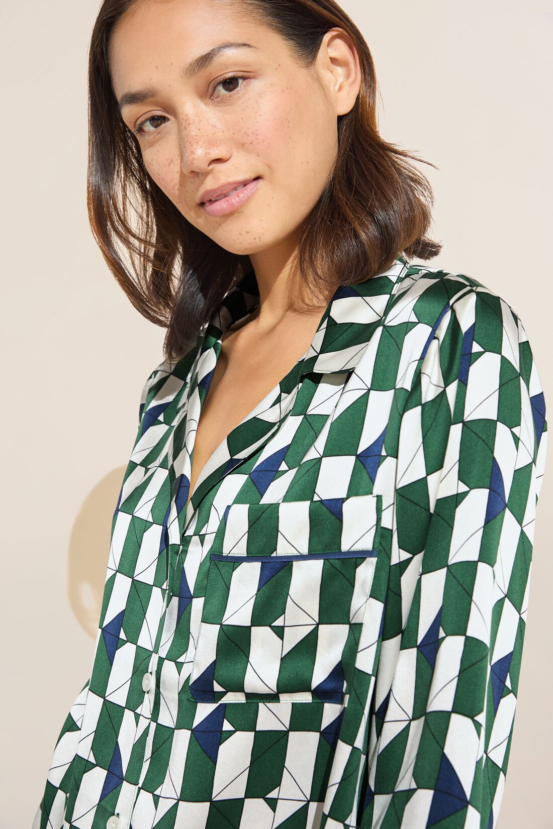 Model wears Inez Washable Silk Printed Long PJ Set in Mosaic Tile Forest Green/Navy. 