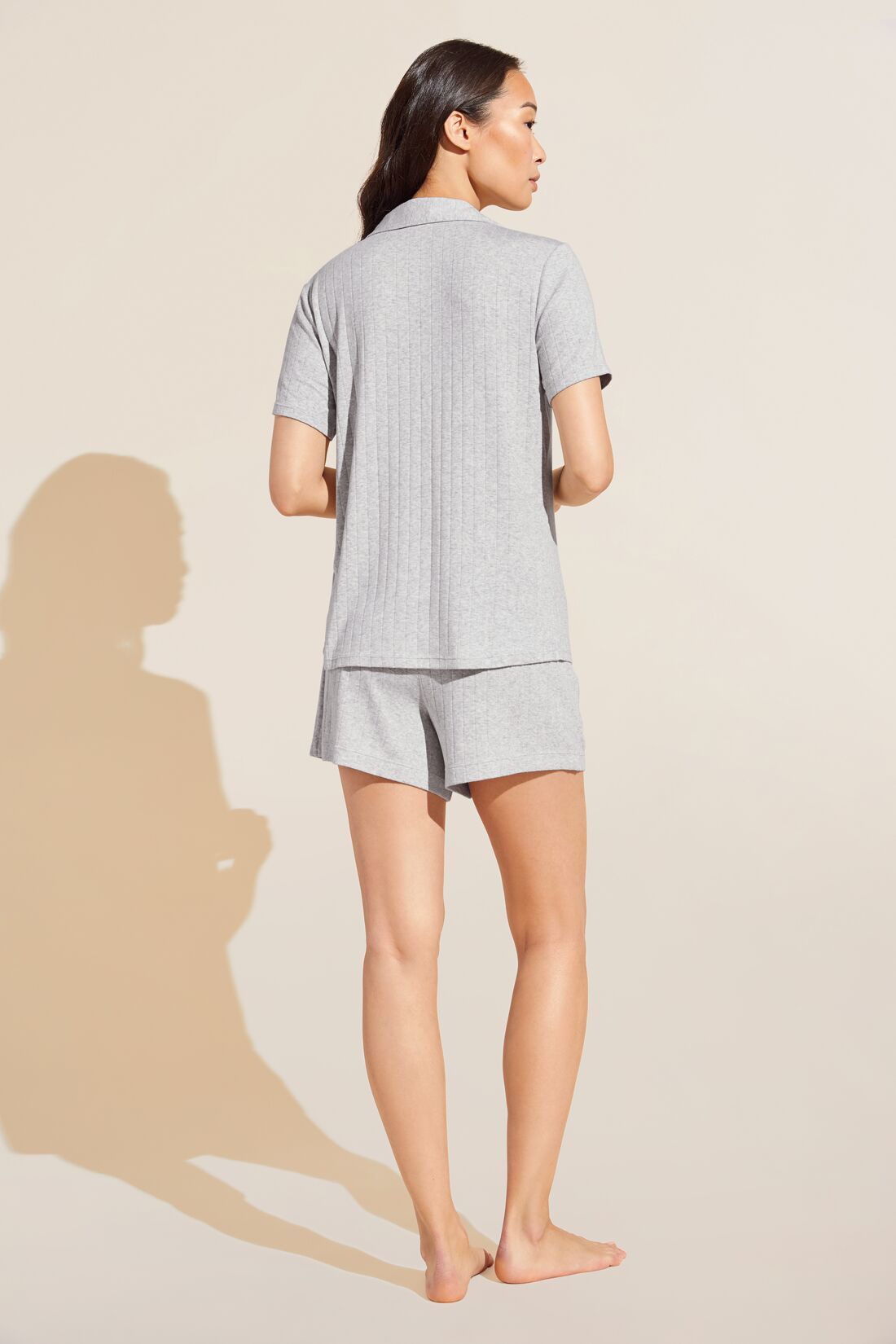 Model wears Gisele TENCEL™ Modal Rib Relaxed Short PJ Set in light heather grey.