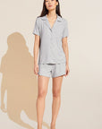 Model wears Gisele TENCEL™ Modal Rib Relaxed Short PJ Set in light heather grey.
