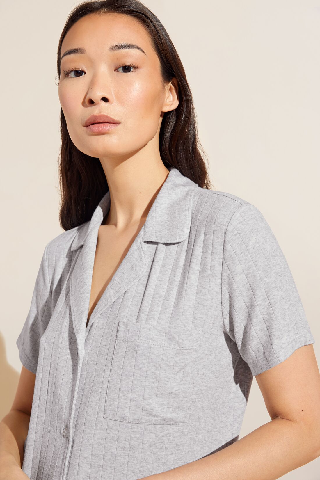 Model wears Gisele TENCEL™ Modal Rib Relaxed Short PJ Set in light heather grey.