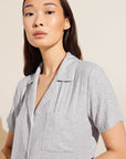 Model wears Gisele TENCEL™ Modal Rib Relaxed Short PJ Set in light heather grey.
