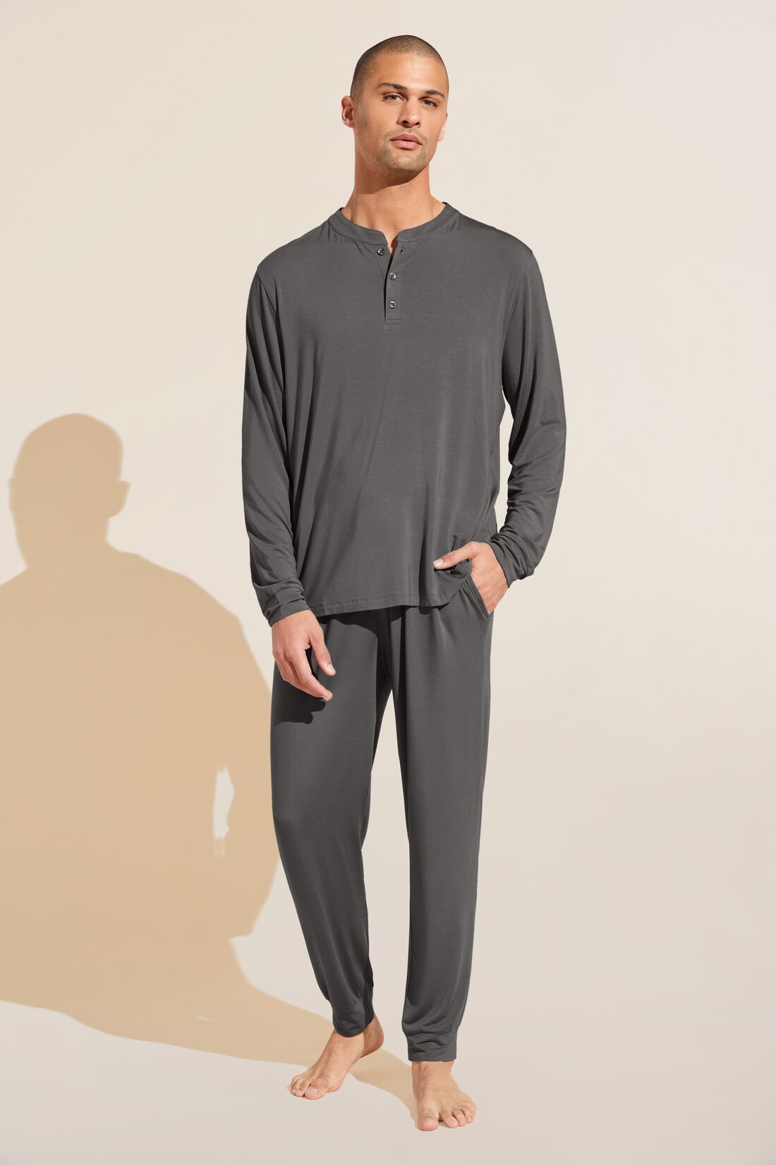 Model wears Henry TENCEL™ Modal Long PJ Set in Storm Gray.