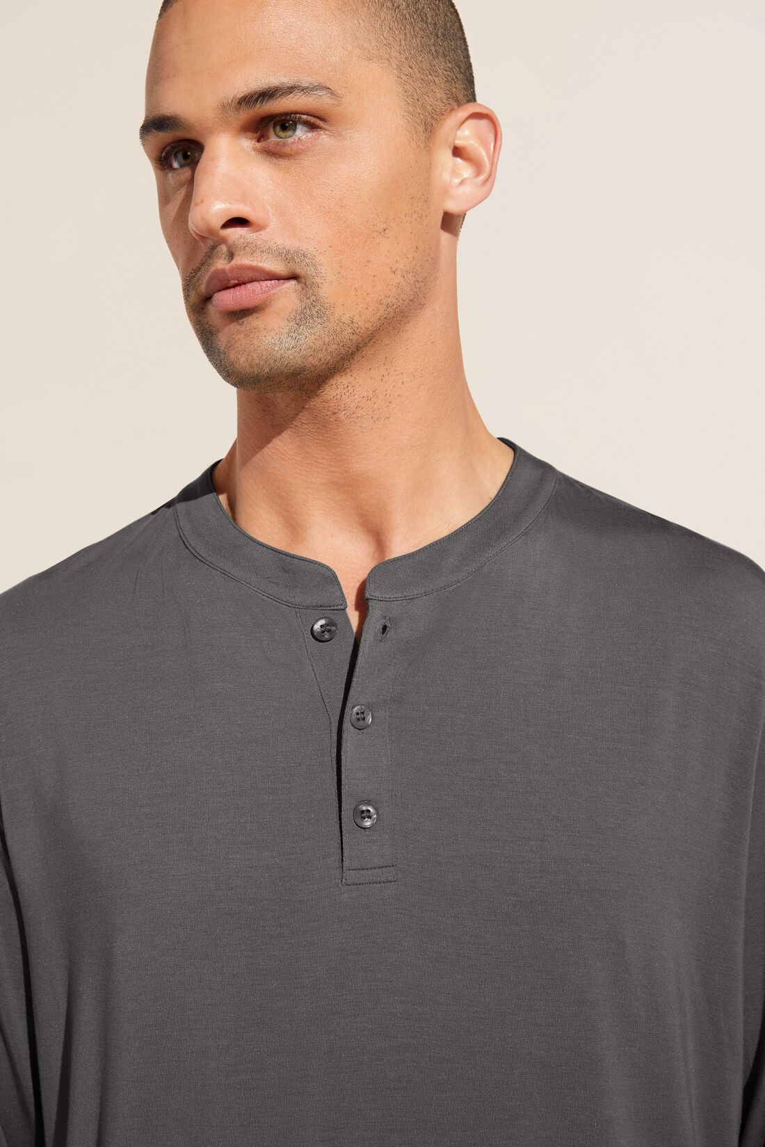 Model wears Henry TENCEL™ Modal Long PJ Set in Storm Gray.