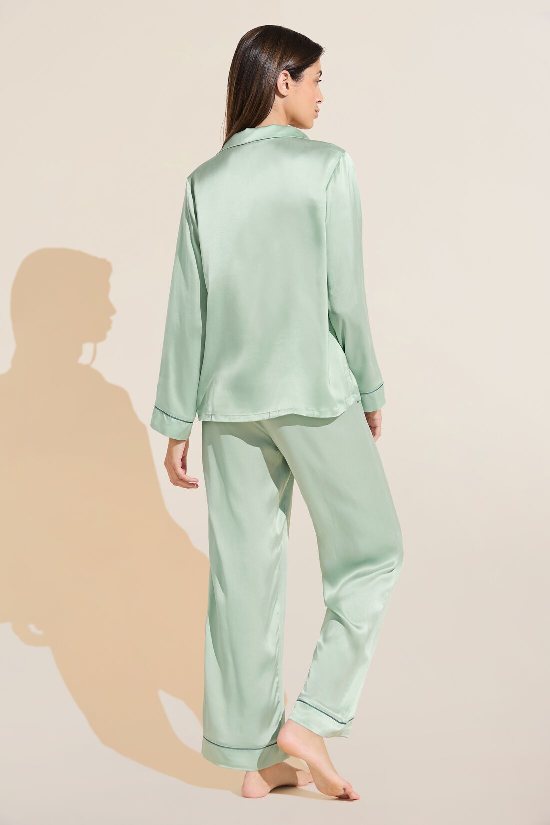 Model wears Inez Washable Silk Long PJ Set in Surf Spray/Agave.