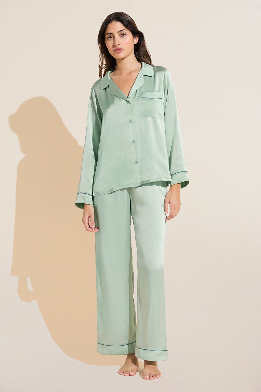 Model wears Inez Washable Silk Long PJ Set in Surf Spray/Agave.