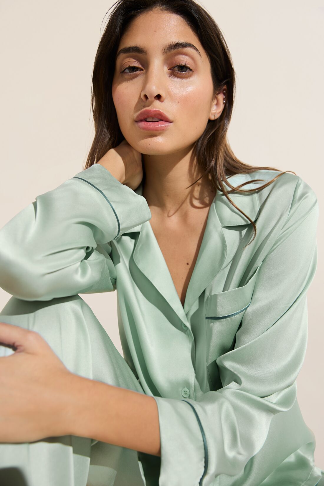 Model wears Inez Washable Silk Long PJ Set in Surf Spray/Agave.
