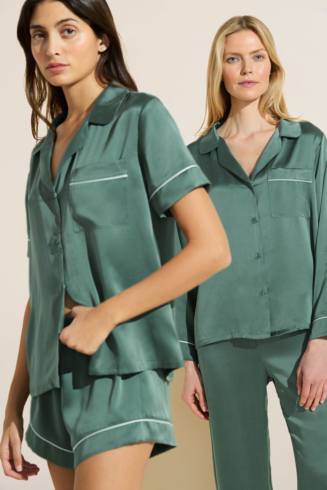 Model wears Inez Washable Silk Long PJ Set in Agave/Surf Spray.