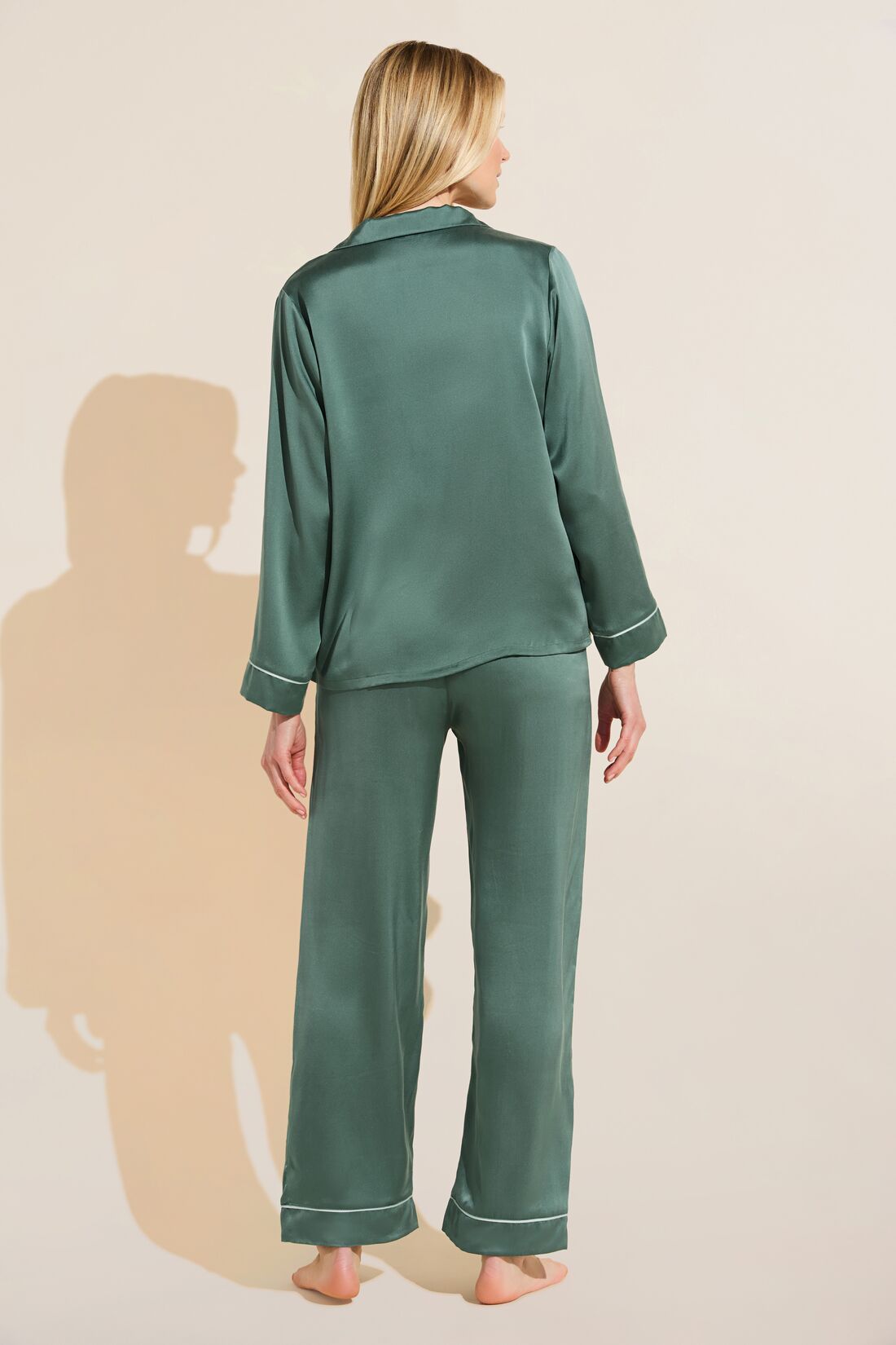 Model wears Inez Washable Silk Long PJ Set in Agave/Surf Spray.
