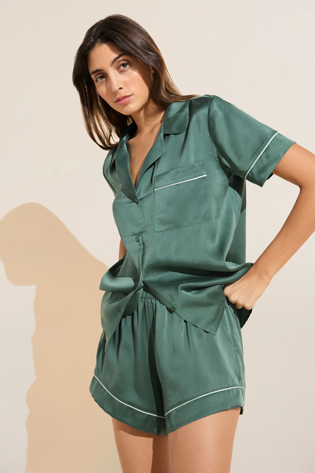Model wears Inez Washable Silk Short PJ Set in Agave/Surf Spray.