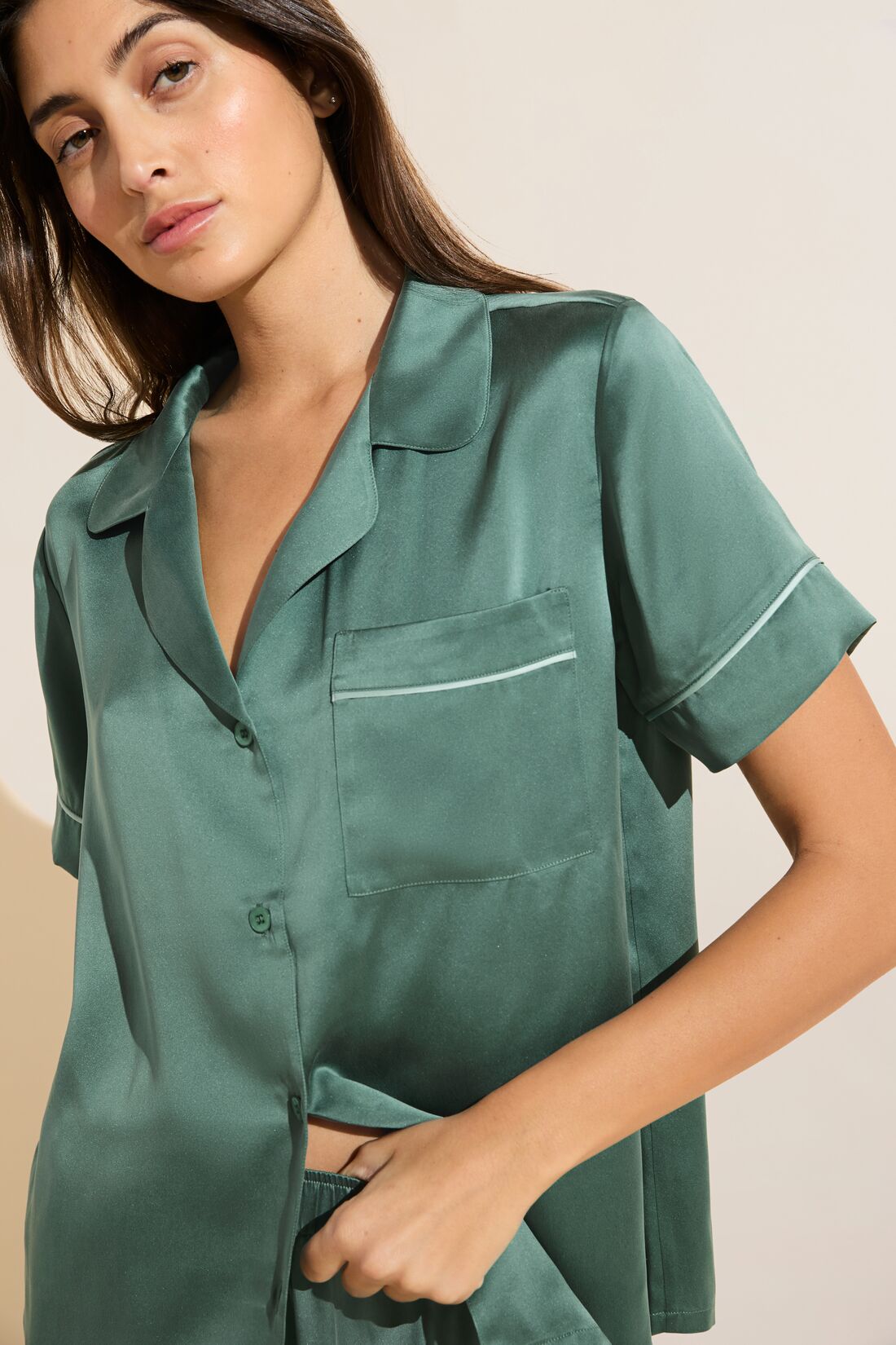 Model wears Inez Washable Silk Short PJ Set in Agave/Surf Spray.