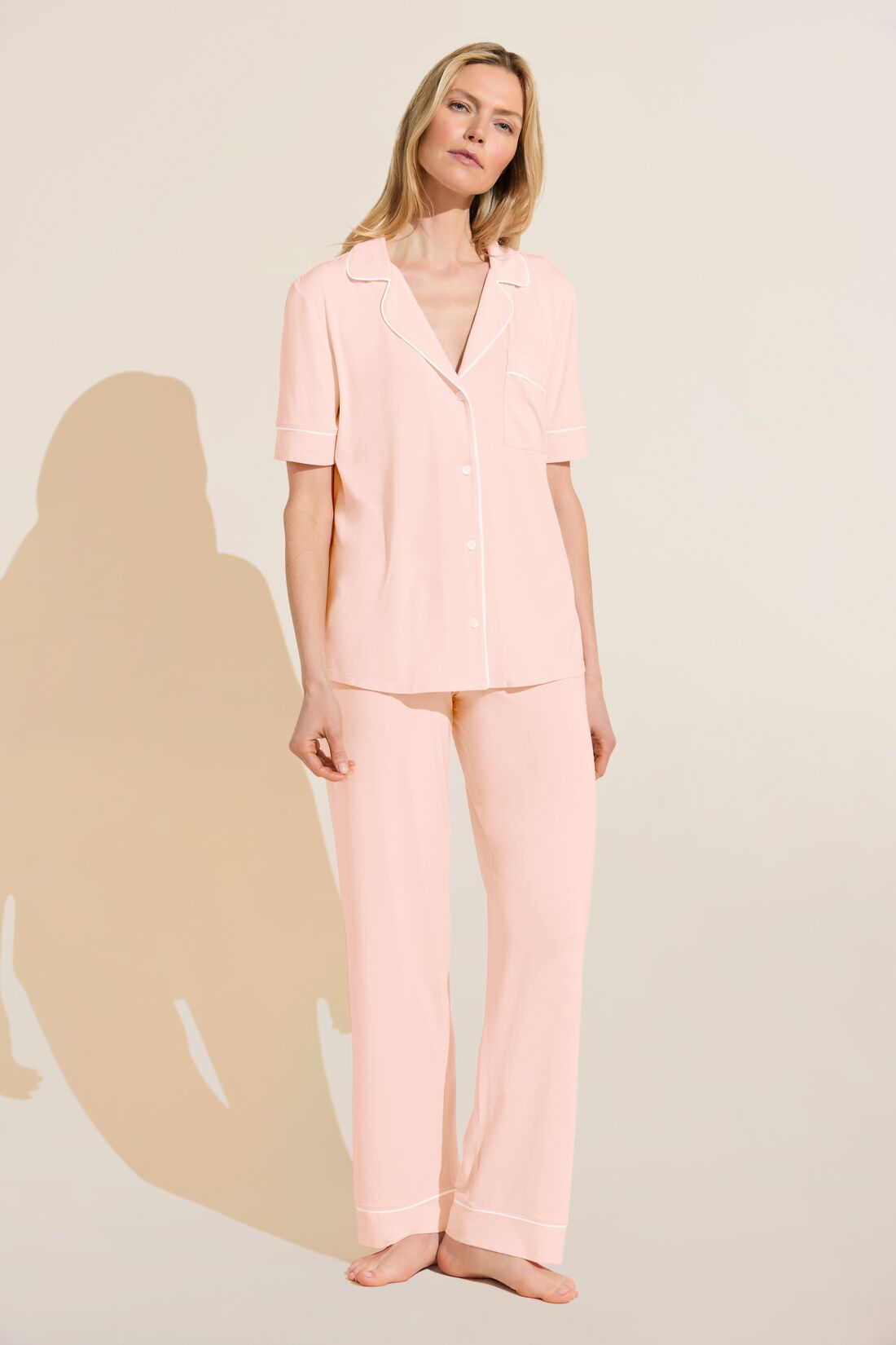Model wears Gisele TENCEL™ Modal Short Sleeve & Pant PJ Set in petal pink/ivory.