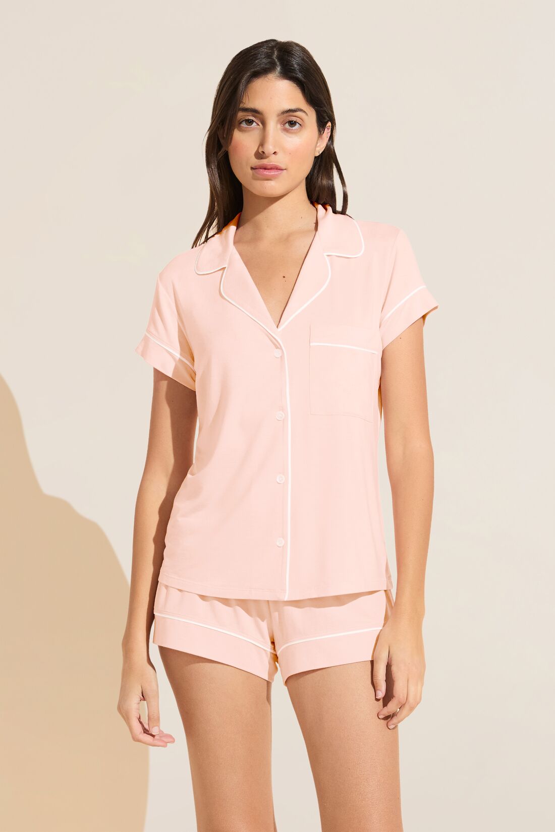 Model wears Model wears Gisele TENCEL™ Modal Shortie Short PJ Set in petal pink/ivory.