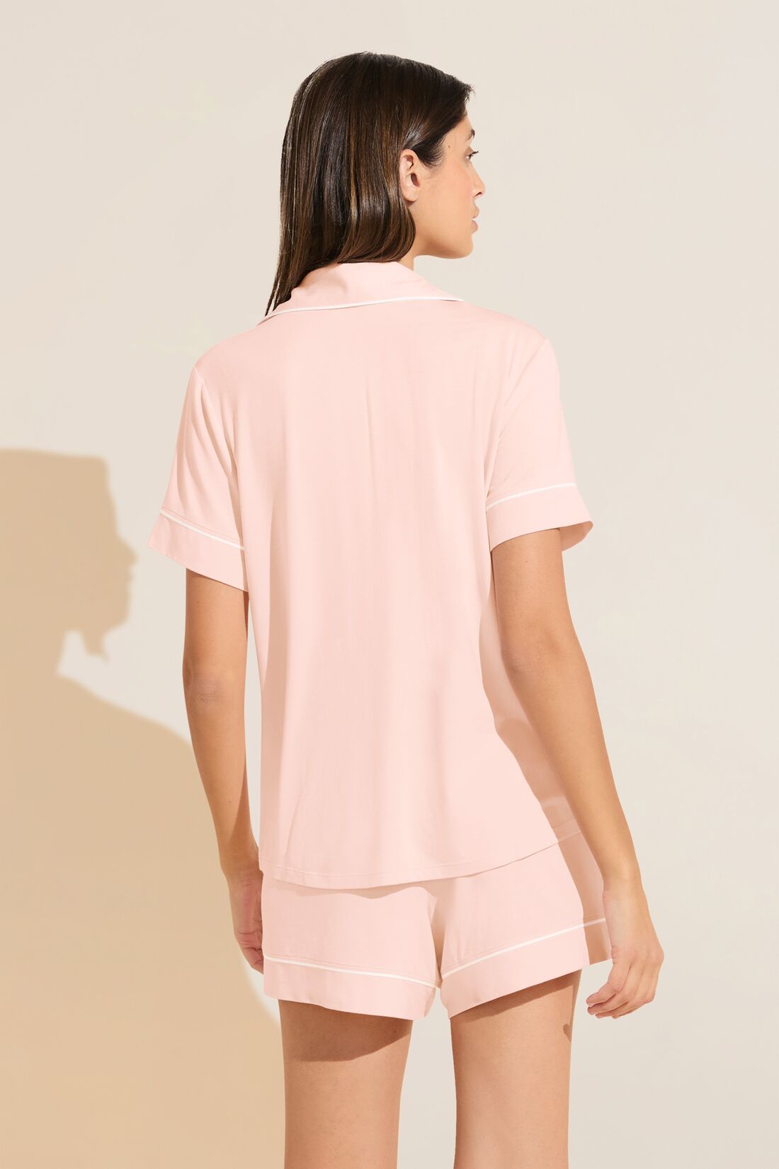 Model wears Gisele TENCEL™ Modal Relaxed Short PJ Set in petal pink/ivory.