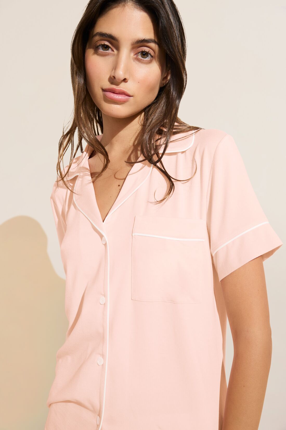 Model wears Gisele TENCEL™ Modal Relaxed Short PJ Set in petal pink/ivory.
