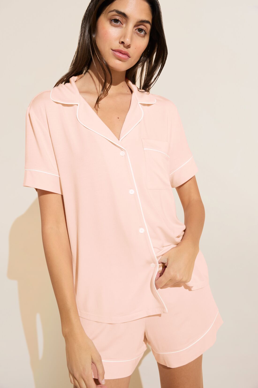 Model wears Gisele TENCEL™ Modal Relaxed Short PJ Set in petal pink/ivory.