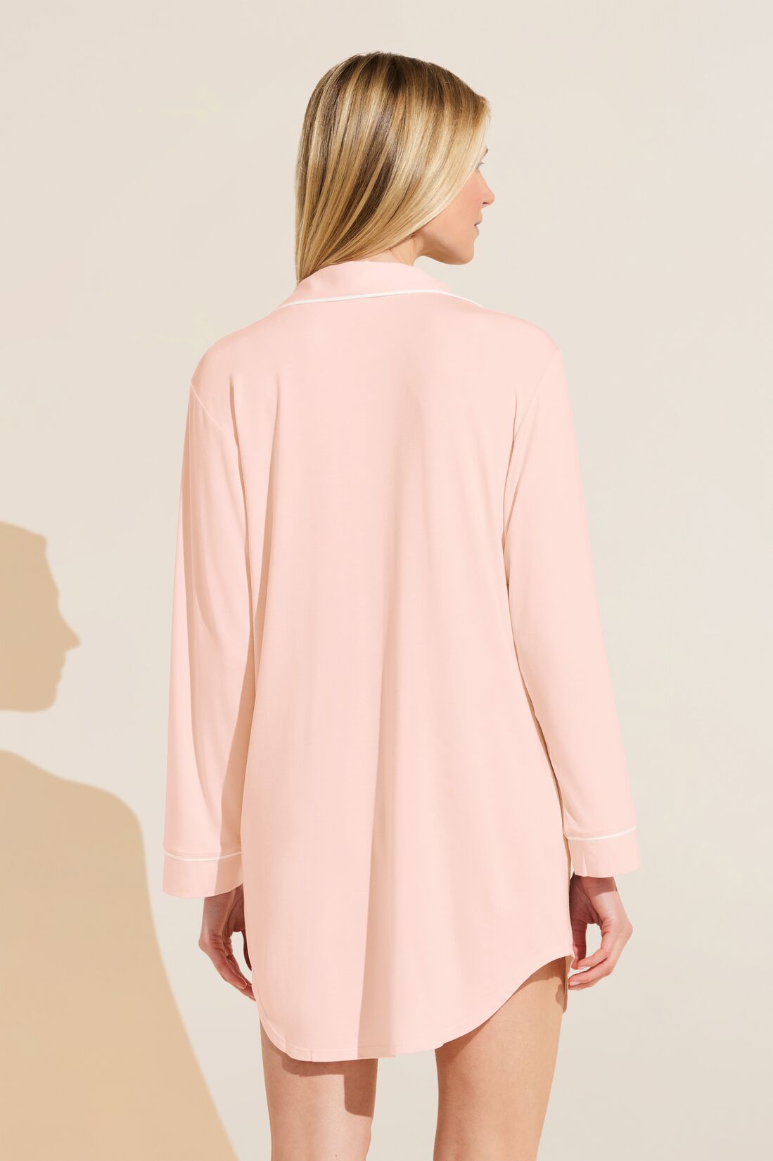 Model wears Gisele TENCEL™ Modal Sleepshirt in petal pink/ivory.