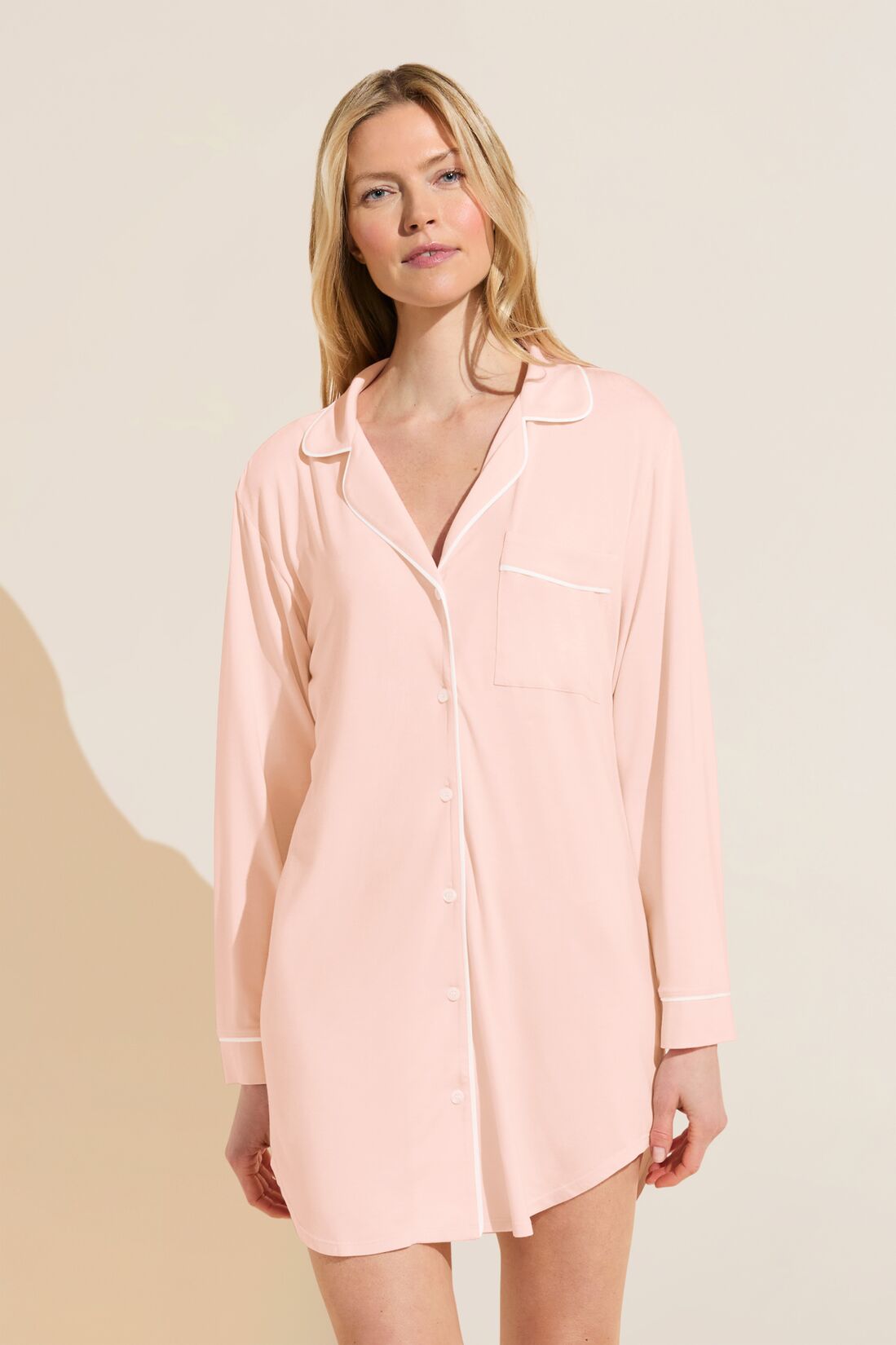 Model wears Gisele TENCEL™ Modal Sleepshirt in petal pink/ivory.
