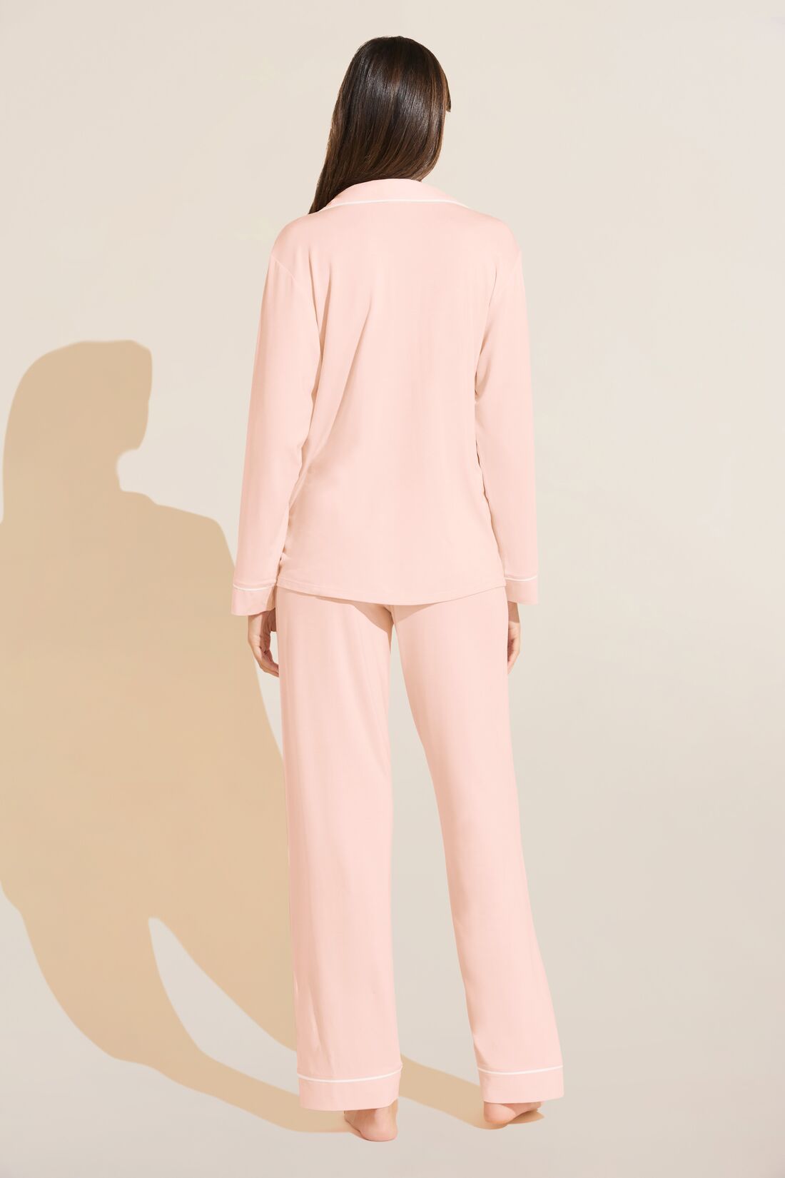 Model is Wearing the Gisele TENCEL™ Modal Long PJ Set in Petal Pink/Ivory.