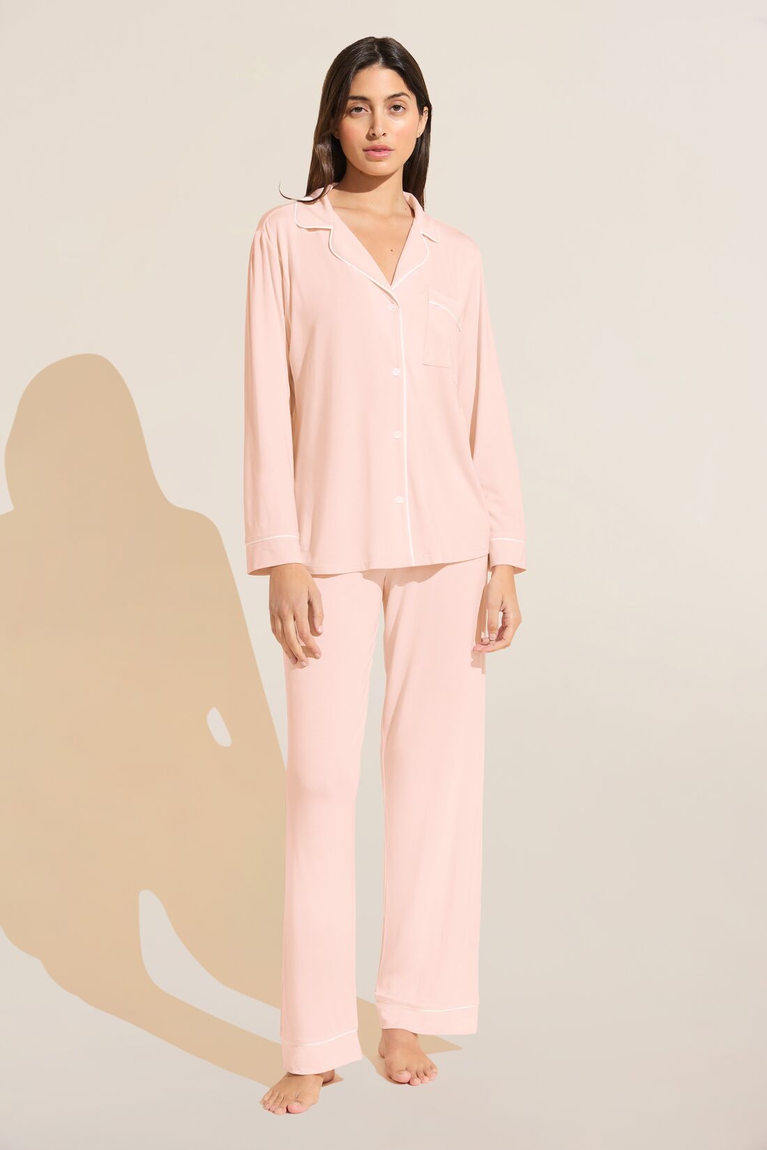 Model is Wearing the Gisele TENCEL™ Modal Long PJ Set in Petal Pink/Ivory.