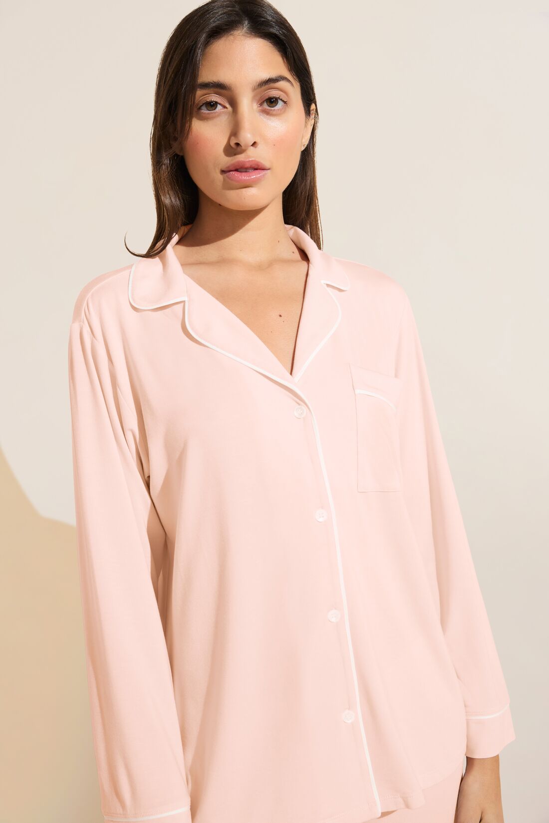 Model is Wearing the Gisele TENCEL™ Modal Long PJ Set in Petal Pink/Ivory.