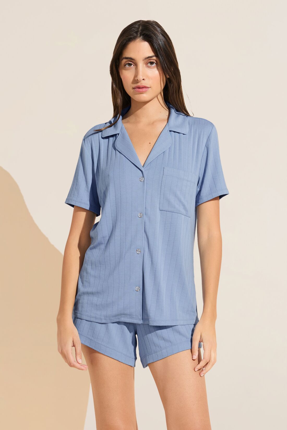 Model wears Gisele TENCEL™ Modal Rib Relaxed Short PJ Set in wedgewood blue.