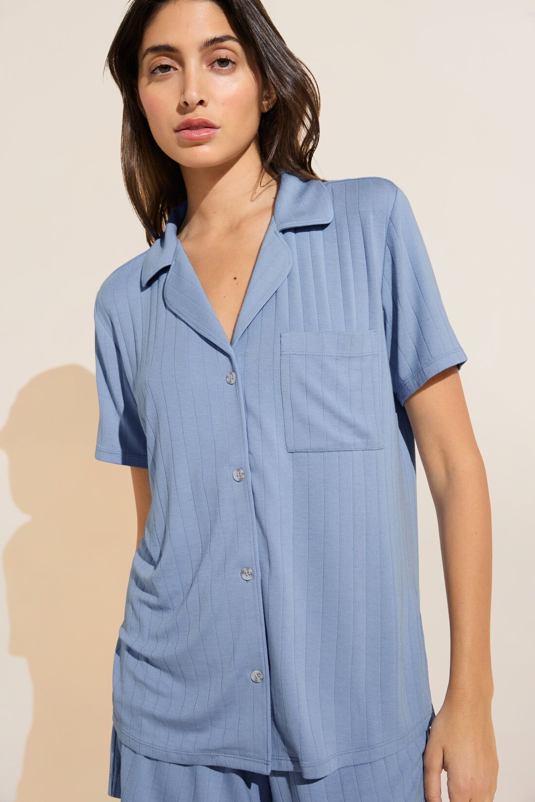 Model wears Gisele TENCEL™ Modal Rib Relaxed Short PJ Set in wedgewood blue.