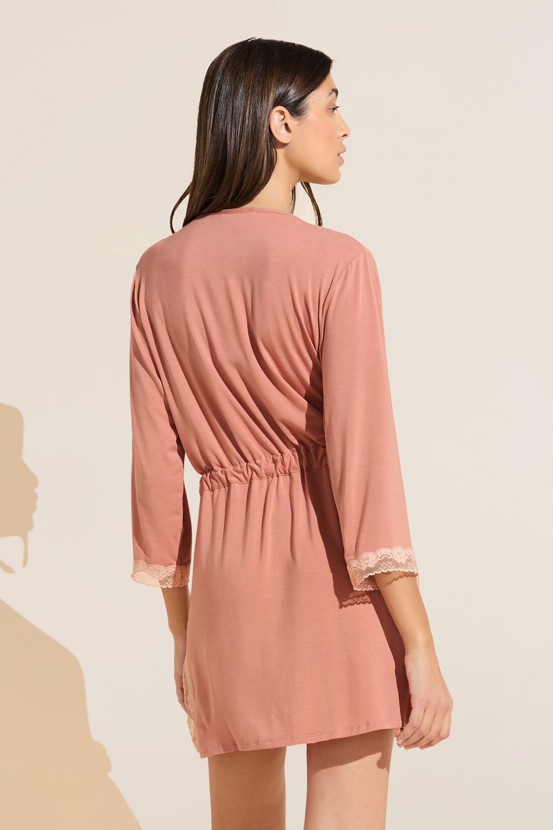 Model wears Flora TENCEL™ Modal 3/4 Sleeve Robe in Pink Rouge/Rose.