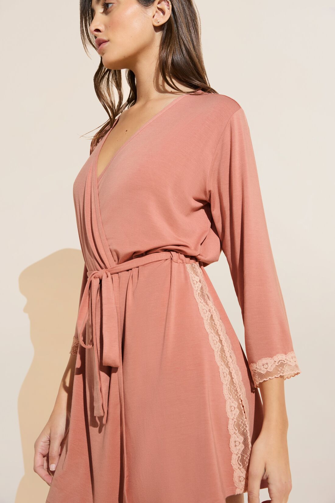 Model wears Flora TENCEL™ Modal 3/4 Sleeve Robe in Pink Rouge/Rose.