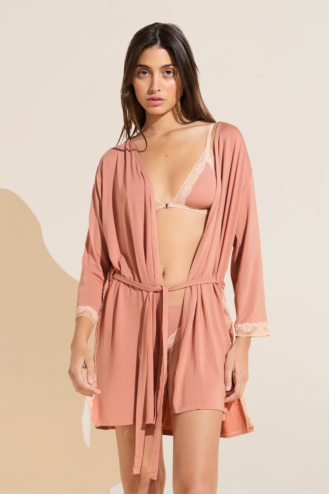 Model wears Flora TENCEL™ Modal 3/4 Sleeve Robe in Pink Rouge/Rose.