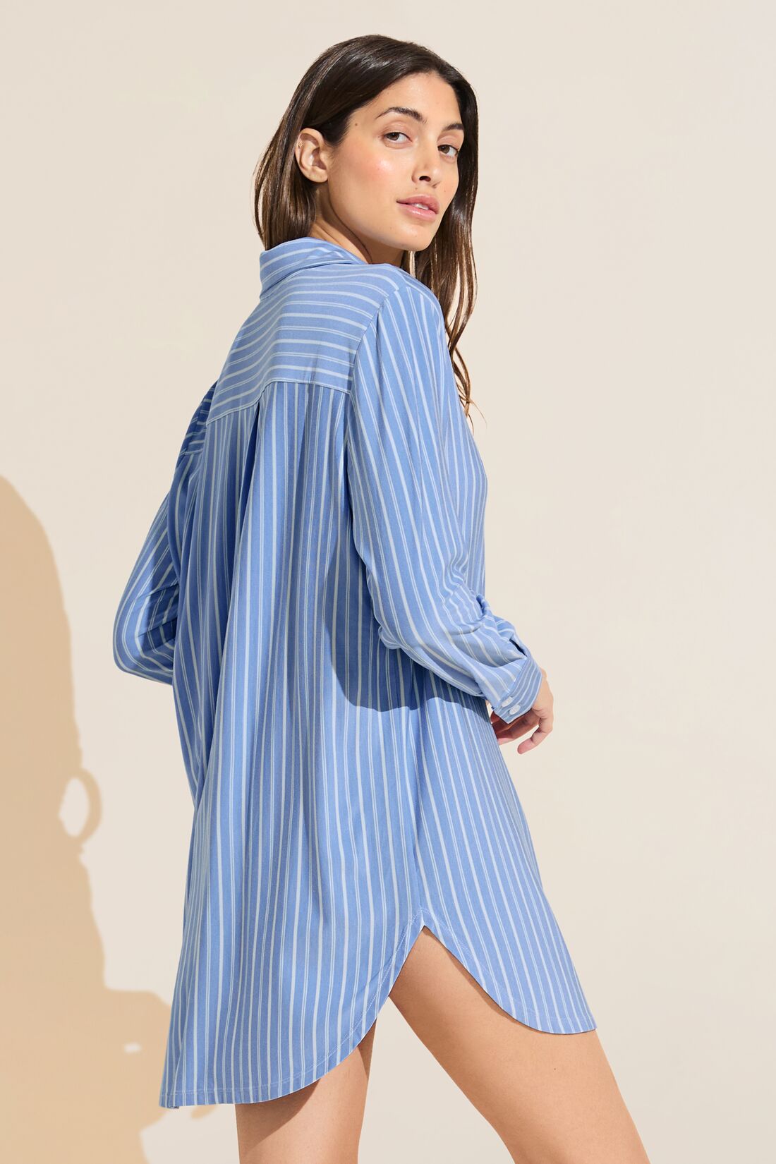 Model wears Gisele Printed TENCEL™ Modal Boyfriend Sleepshirt in Nordic Stripe Vista Blue.