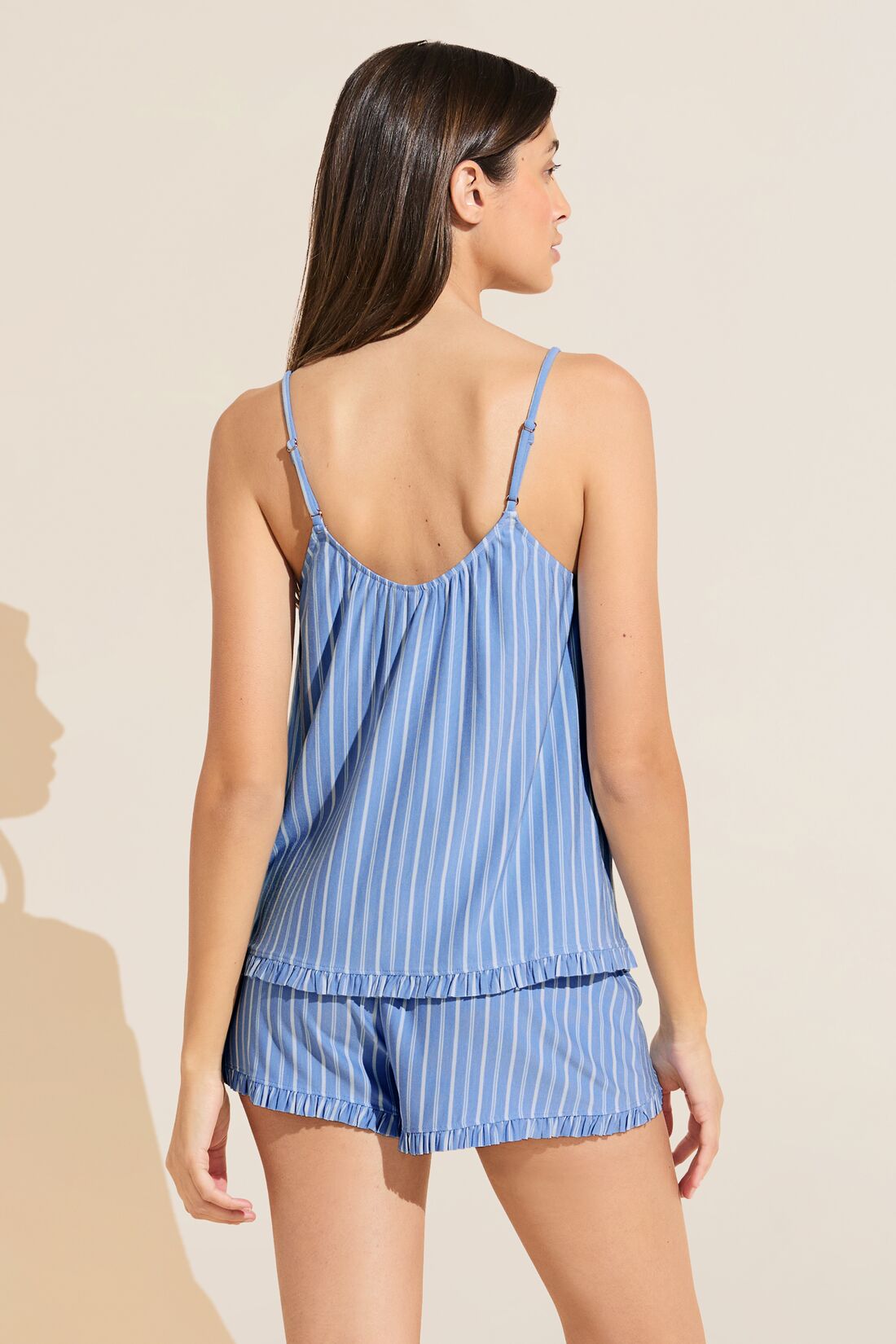 Model wears Gisele TENCEL™ Printed Modal Ruffle Cami & Shortie Short Set in Nordic Stripes Vista Blue.