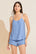 Model wears Gisele TENCEL™ Printed Modal Ruffle Cami & Shortie Short Set in Nordic Stripes Vista Blue.