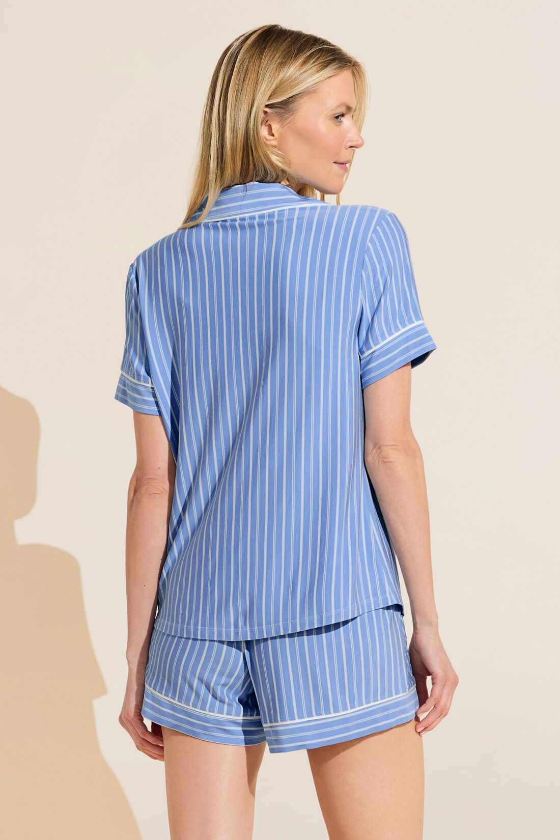 Model wears Gisele Printed TENCEL™ Modal Relaxed Short PJ Set in Nordic Stripes Vista Blue/Ivory.