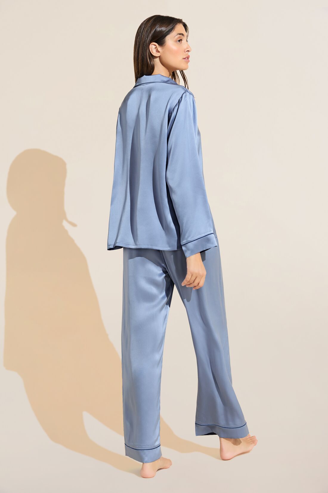 Model wears Inez Washable Silk Long PJ Set in Wedgewood Blue/Navy.