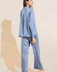 Model wears Inez Washable Silk Long PJ Set in Wedgewood Blue/Navy.