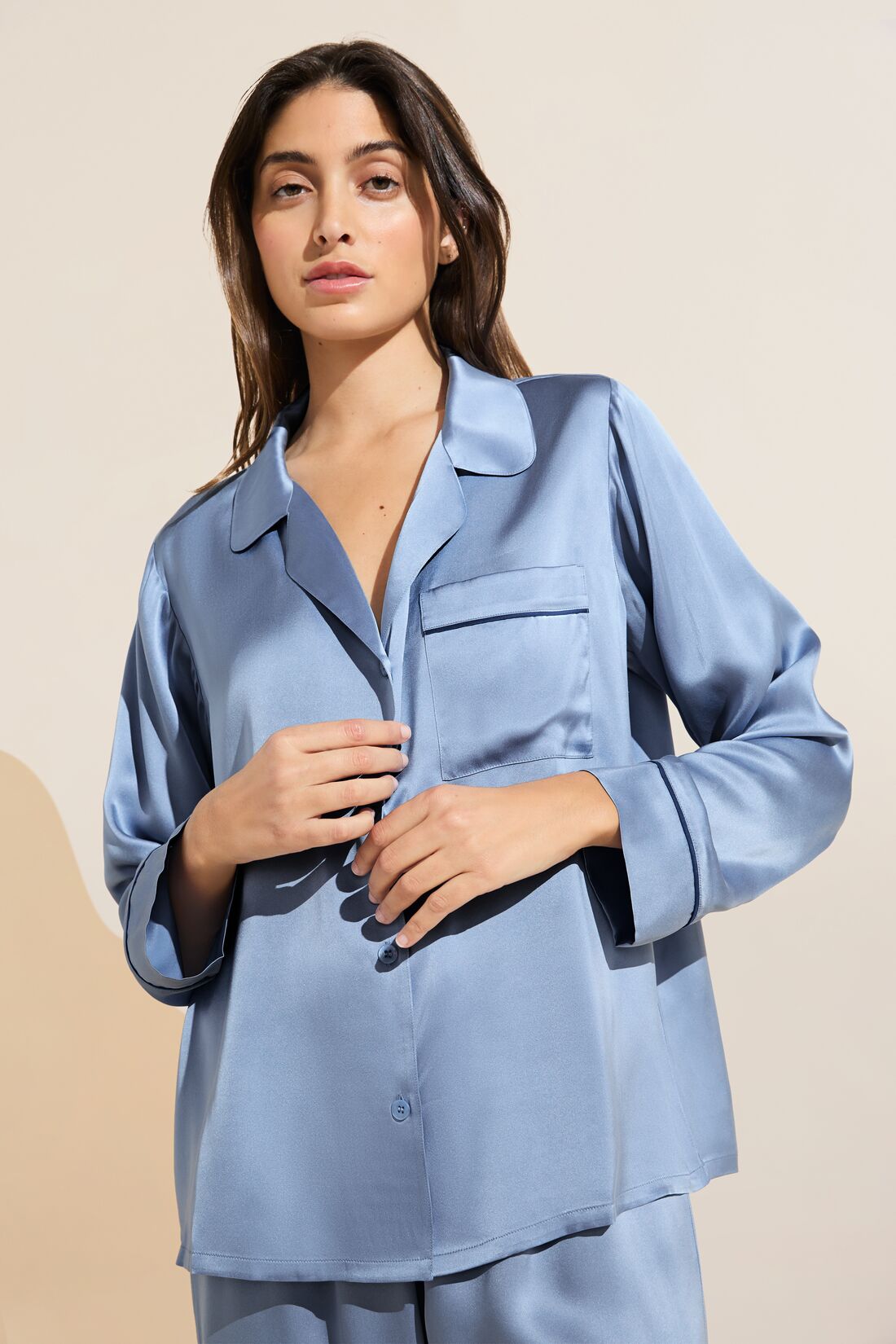 Model wears Inez Washable Silk Long PJ Set in Wedgewood Blue/Navy.