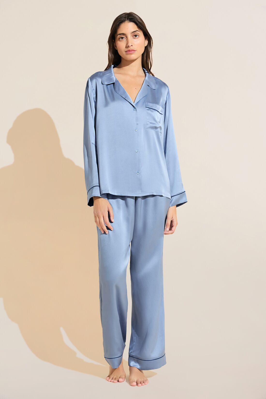 Model wears Inez Washable Silk Long PJ Set in Wedgewood Blue/Navy.