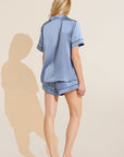 Model wears Inez Washable Silk Short PJ Set in Wedgewood Blue/Navy.