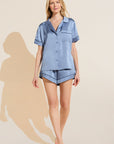 Model wears Inez Washable Silk Short PJ Set in Wedgewood Blue/Navy.