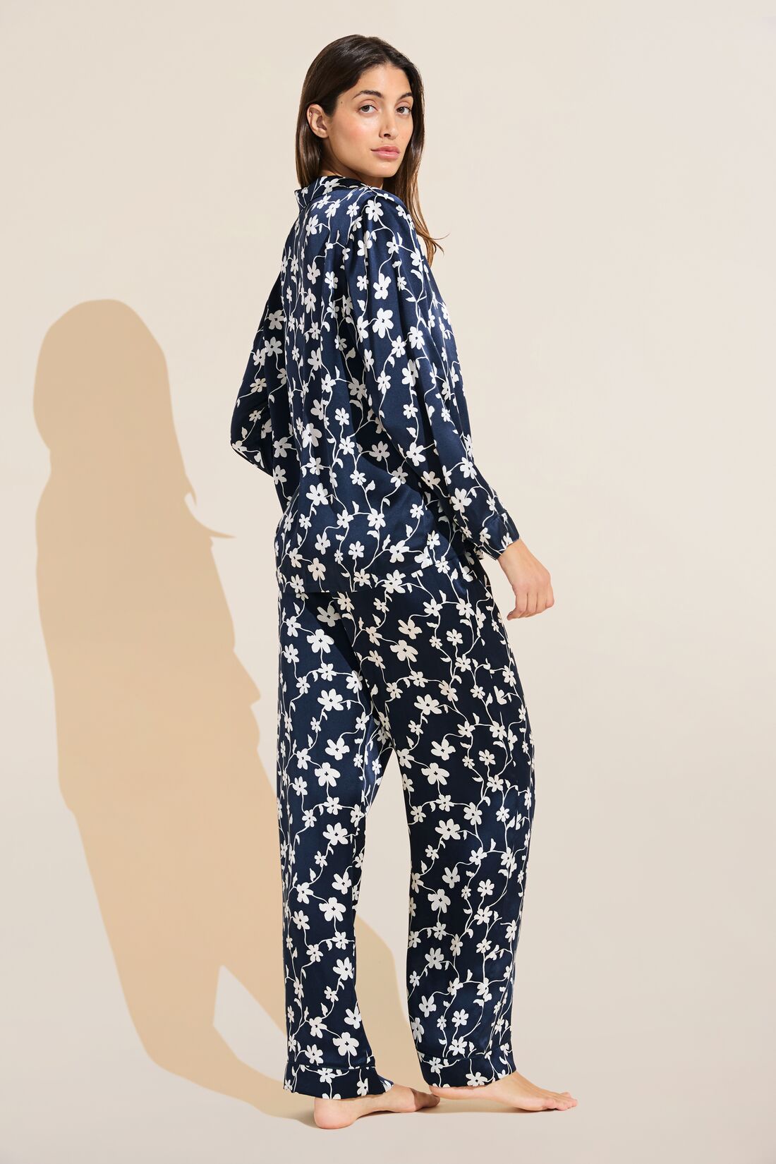 Model wears Inez Washable Silk Printed Long PJ Set in Modern Floral Navy/Navy.