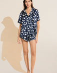Model wears Inez Washable Silk Printed Short PJ Set in Modern Floral Navy/Navy.
