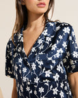 Model wears Inez Washable Silk Printed Short PJ Set in Modern Floral Navy/Navy.