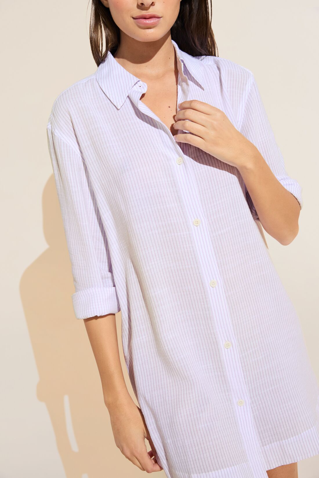 Model wears Nautico Sleepshirt in White/Lavender.