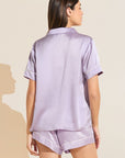 Model wears Inez Washable Silk Short PJ Set in Orchid Petal/Ivory.