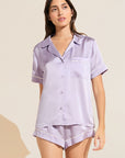 Model wears Inez Washable Silk Short PJ Set in Orchid Petal/Ivory.